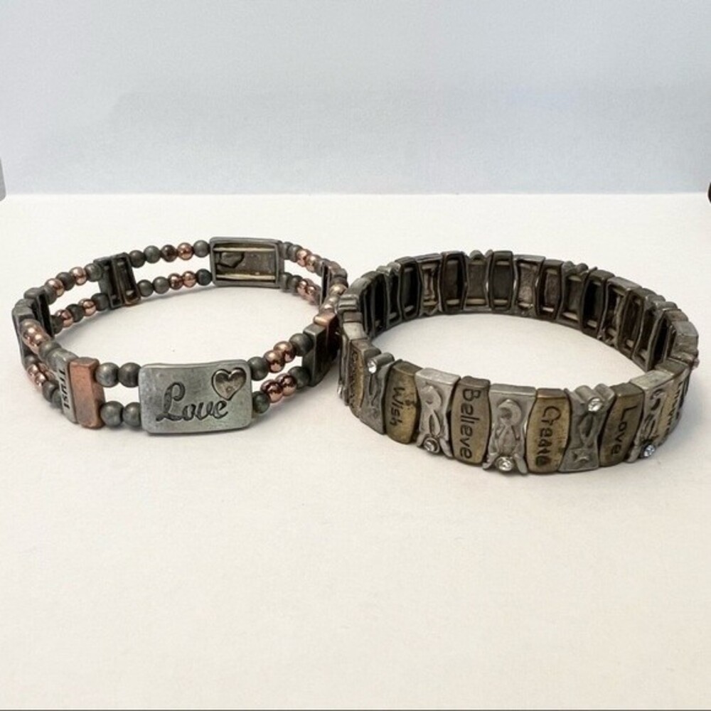 Two Vintage Bracelets Mixed Metal Inspirational Word Charm Beaded Elastic Cuffs